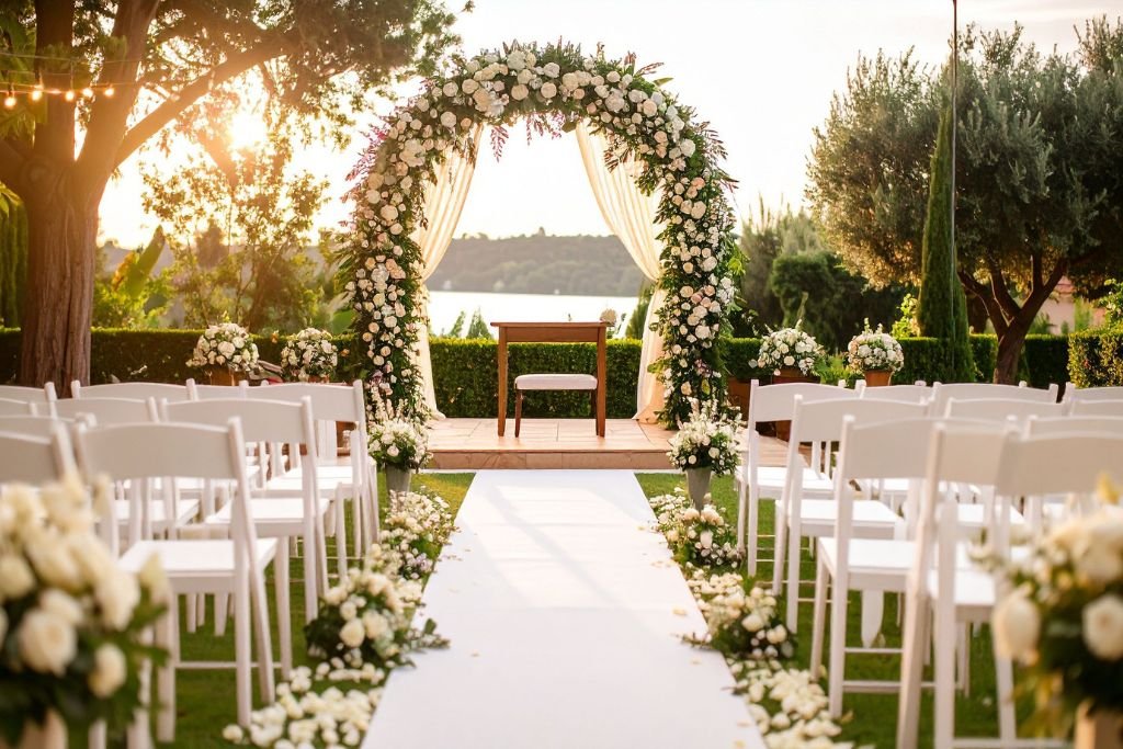 Floral wedding arch and rows of white chairs in a garden, backlit by low sun through the trees